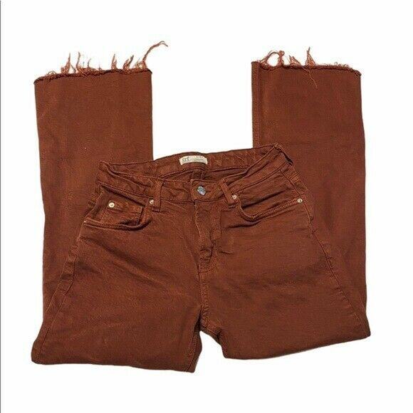Zara trf Collection Frayed Denim flare crop jean orange red Sz 4 - Picture 5 of 12